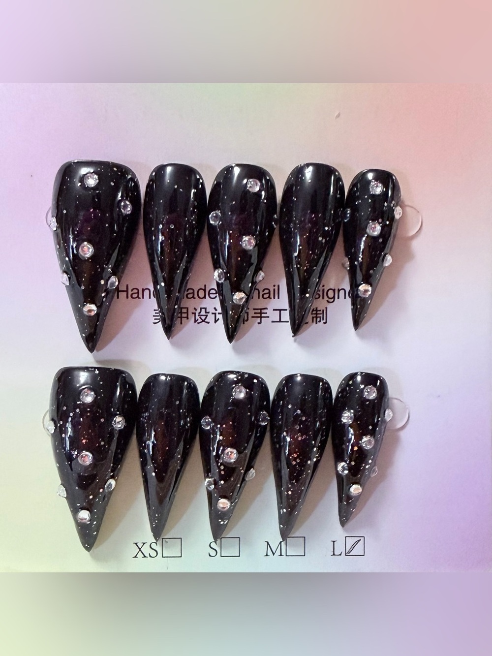 Handcrafted Black Stiletto claw Press-On Nails with Rhinestones